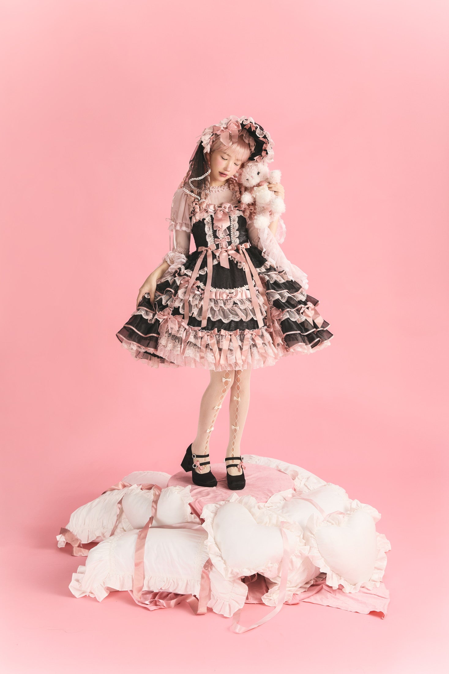 Centifolia Rose Attached-Sleeve Blouse — Black Pink — image 1