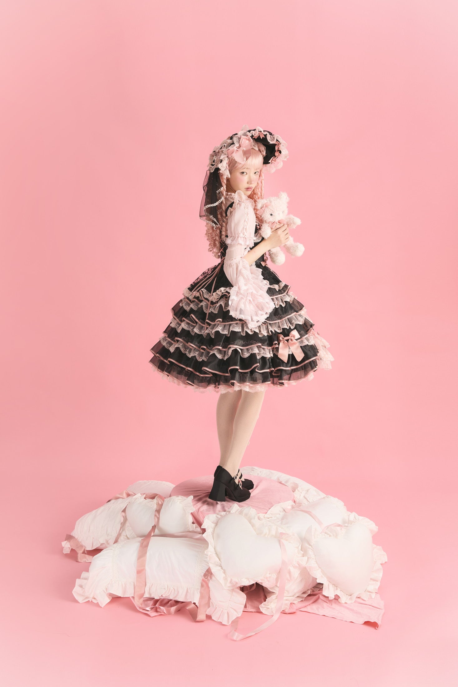 Centifolia Rose Attached-Sleeve Blouse — Black Pink — image 3