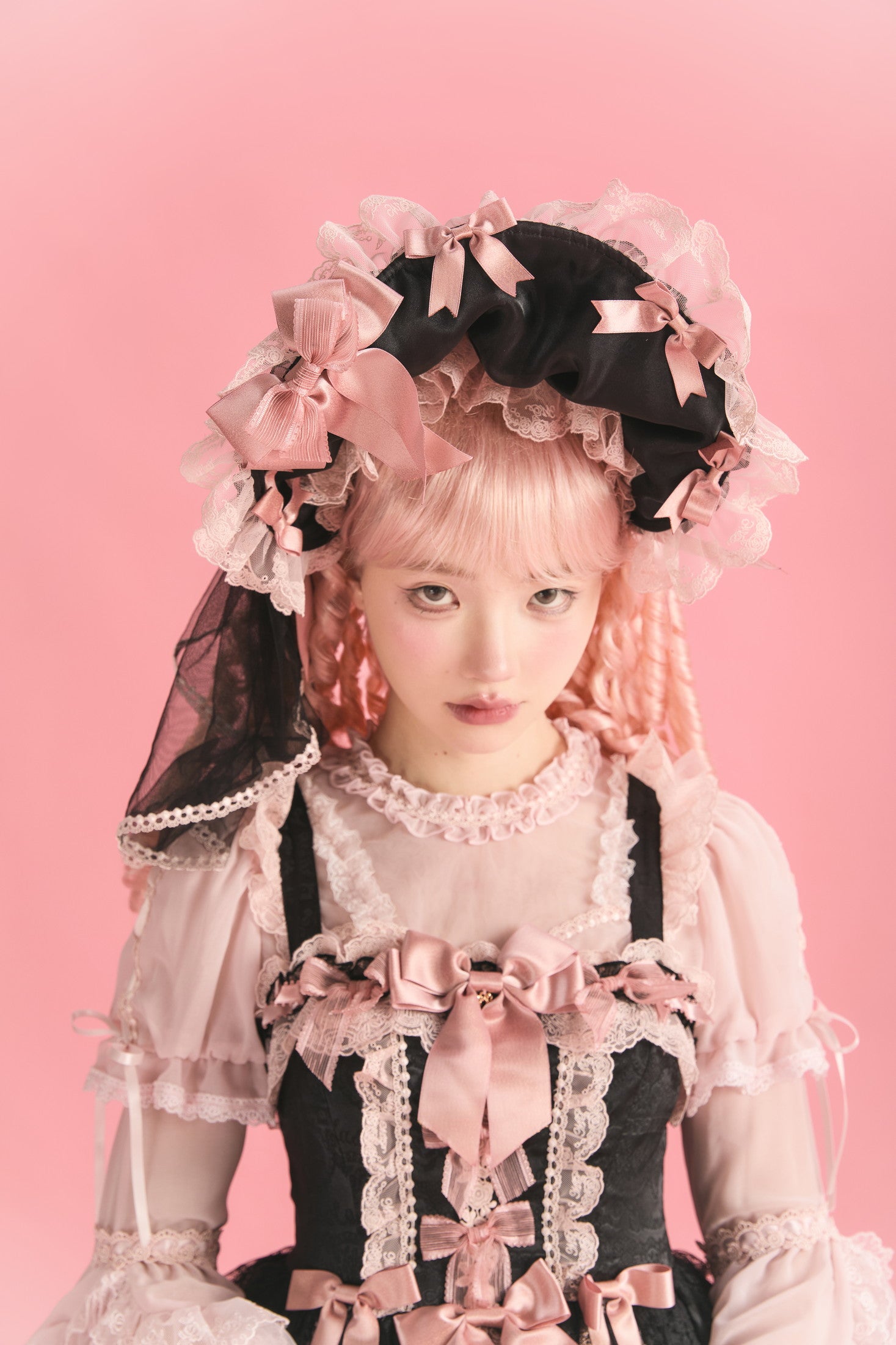 Centifolia Rose Attached-Sleeve Blouse — Black Pink — image 5