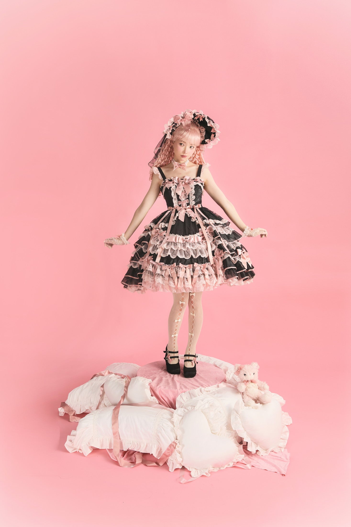 Centifolia Rose Attached-Sleeve Blouse — Black Pink — image 7