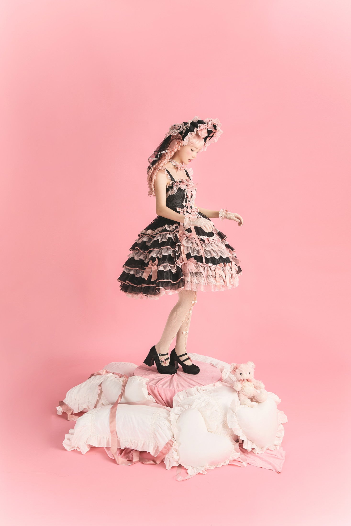 Centifolia Rose Attached-Sleeve Blouse — Black Pink — image 8