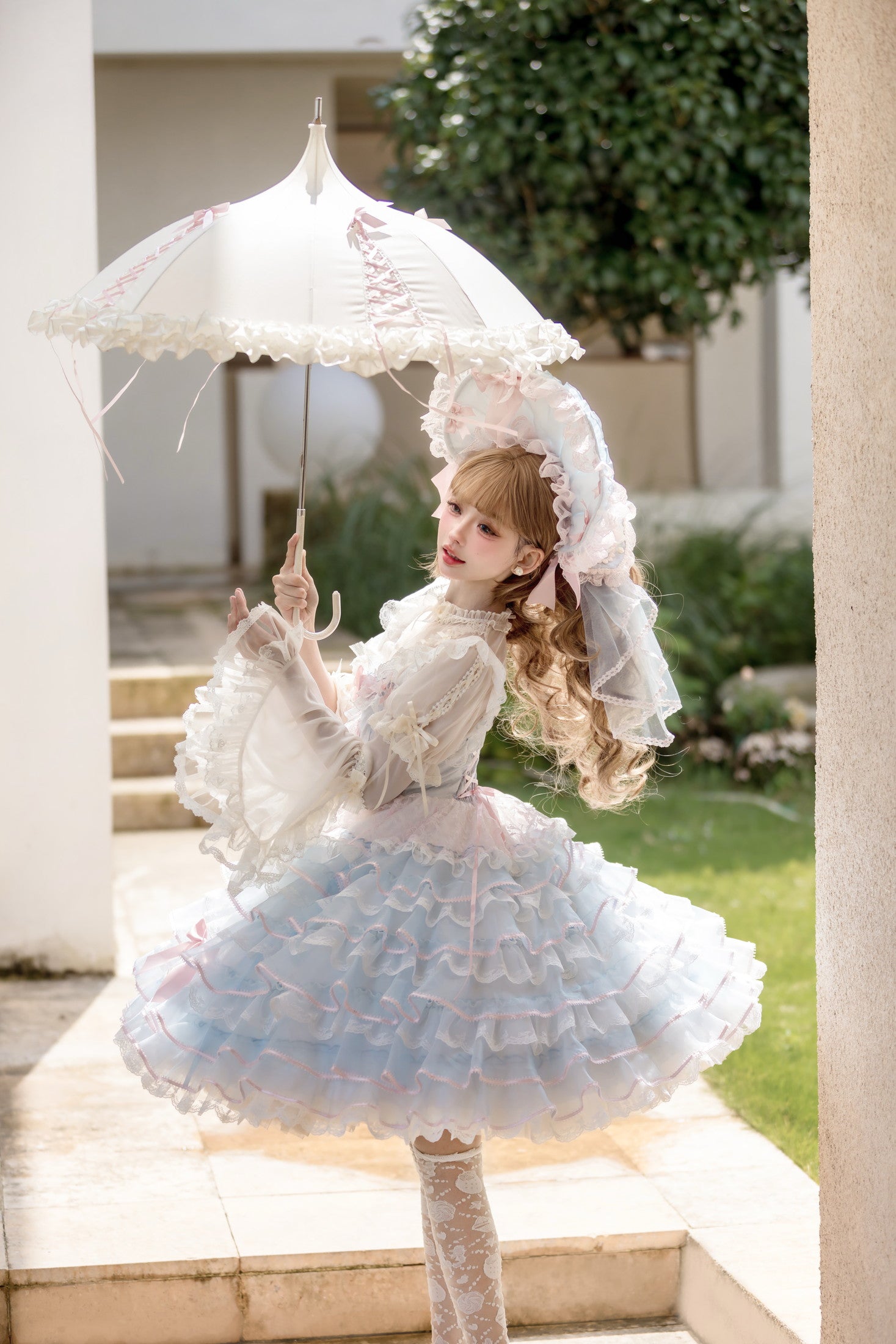 Centifolia Rose Attached-Sleeve Blouse — Blue Pink — image 5