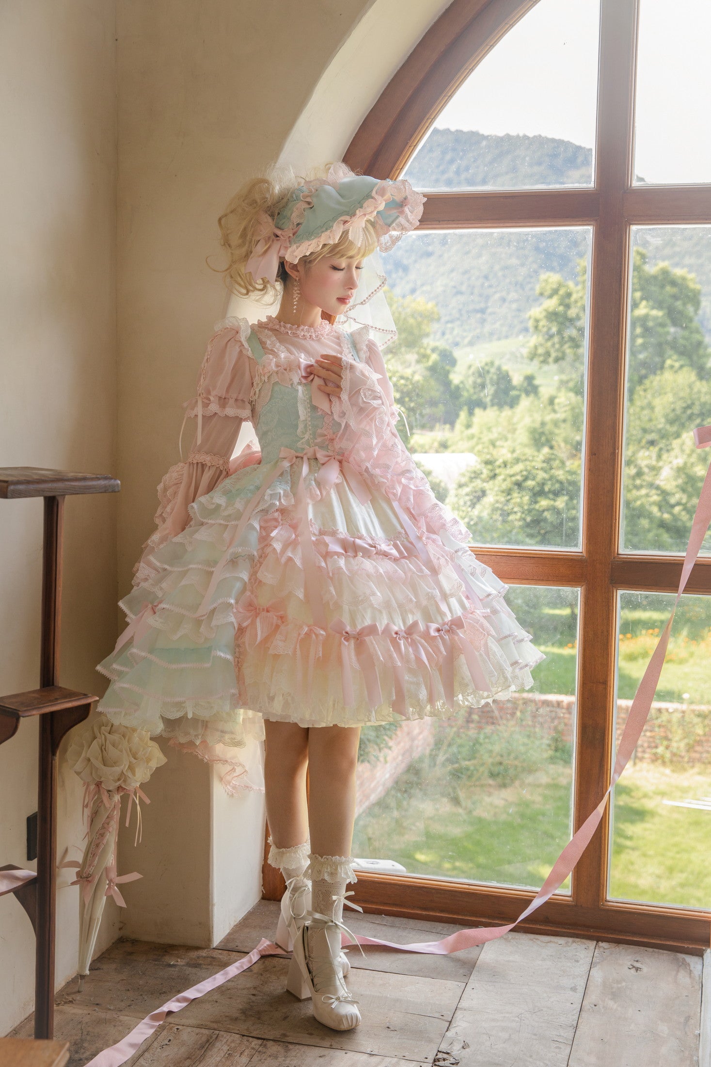 Centifolia Rose Attached-Sleeve Blouse — Mint — image 8