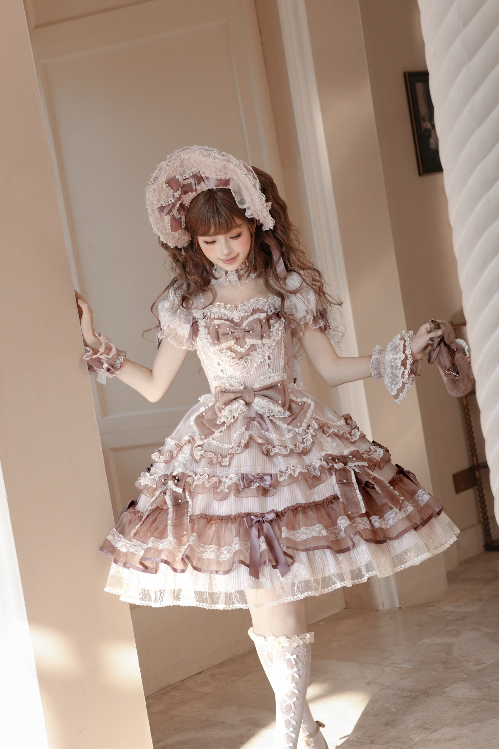 Striped Otome Doll One Piece — Milk Coffee — image 01