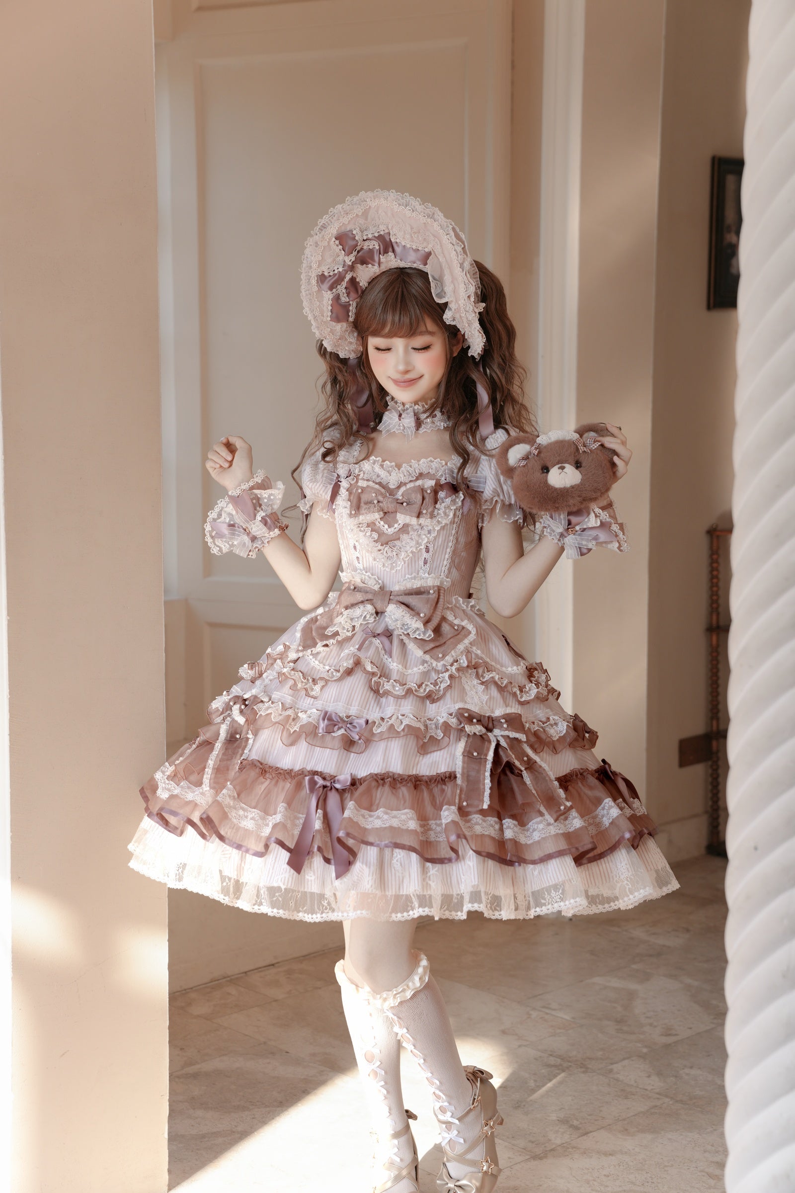 Striped Otome Doll One Piece — Milk Coffee — image 02