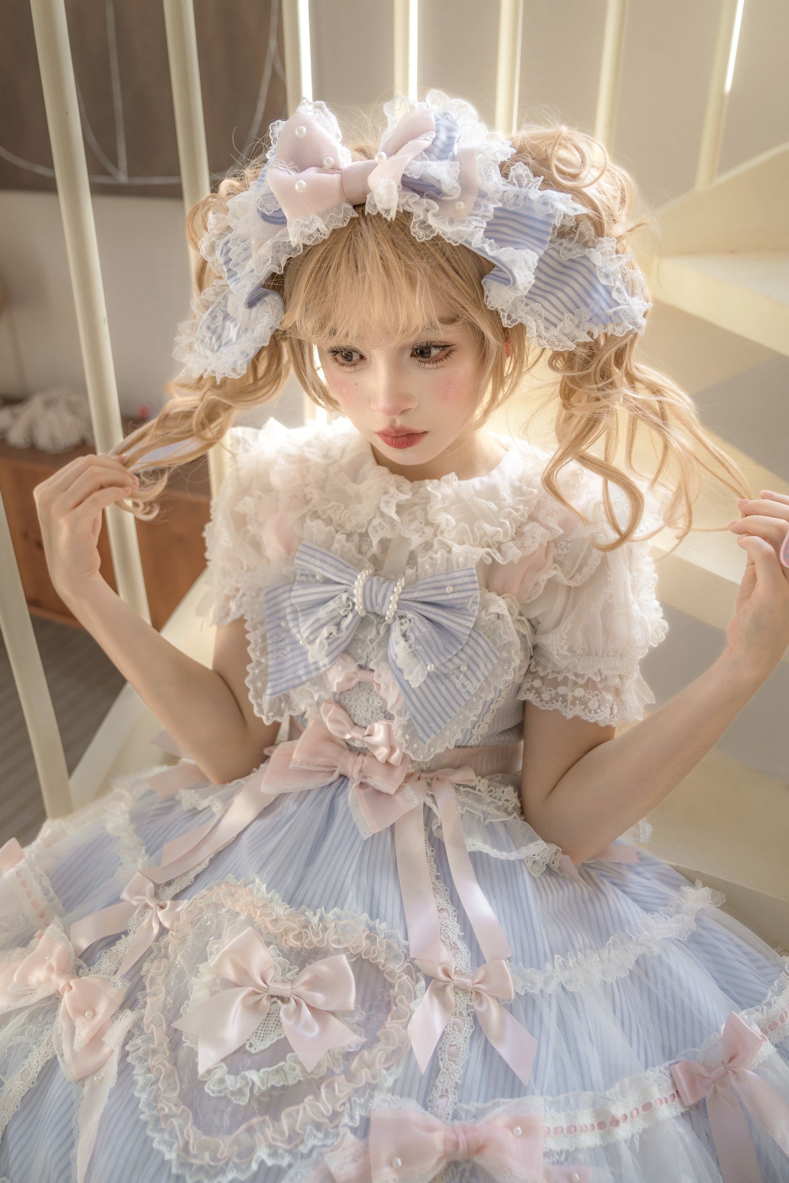Striped Otome Coord Set — JSK + Blouse + Head Bow