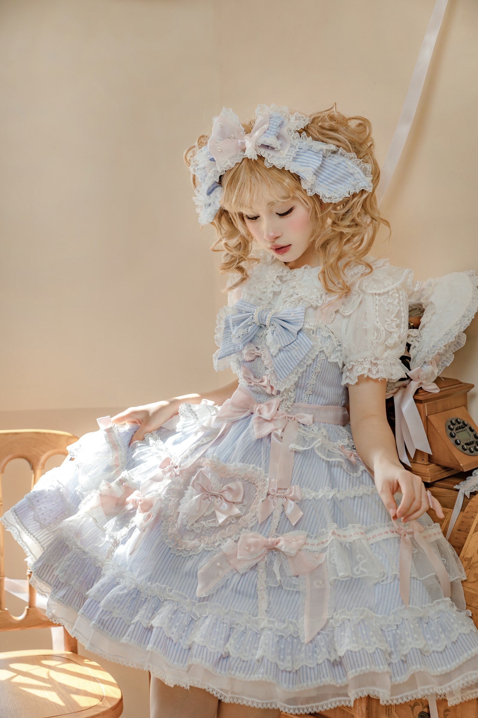 Striped Otome Coord Set — JSK + Blouse + Head Bow